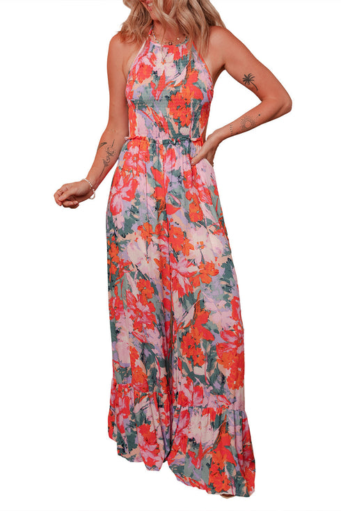 Enchanted Floral Print Smocked Halter Neck Wide Leg Jumpsuit